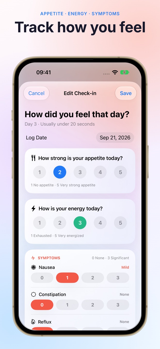 OnTide daily check-in for appetite, energy, and symptoms