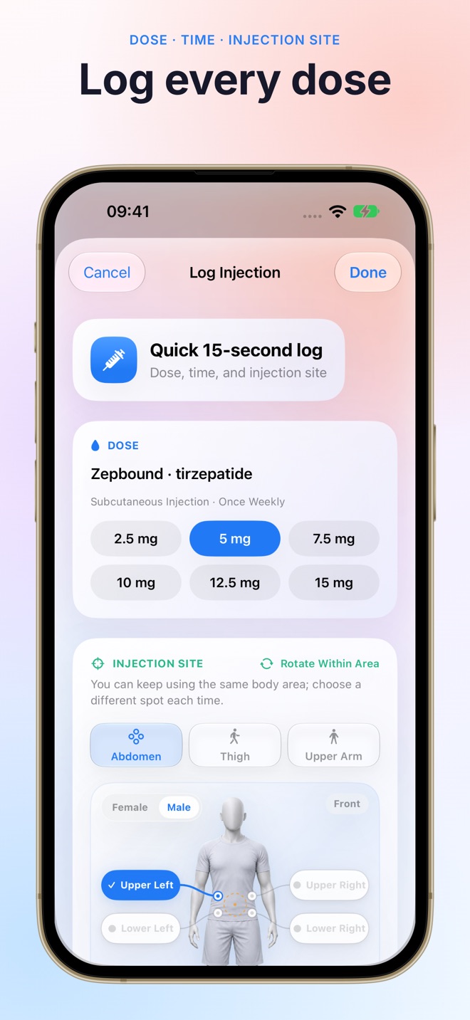OnTide medication log with dose details and injection-site history
